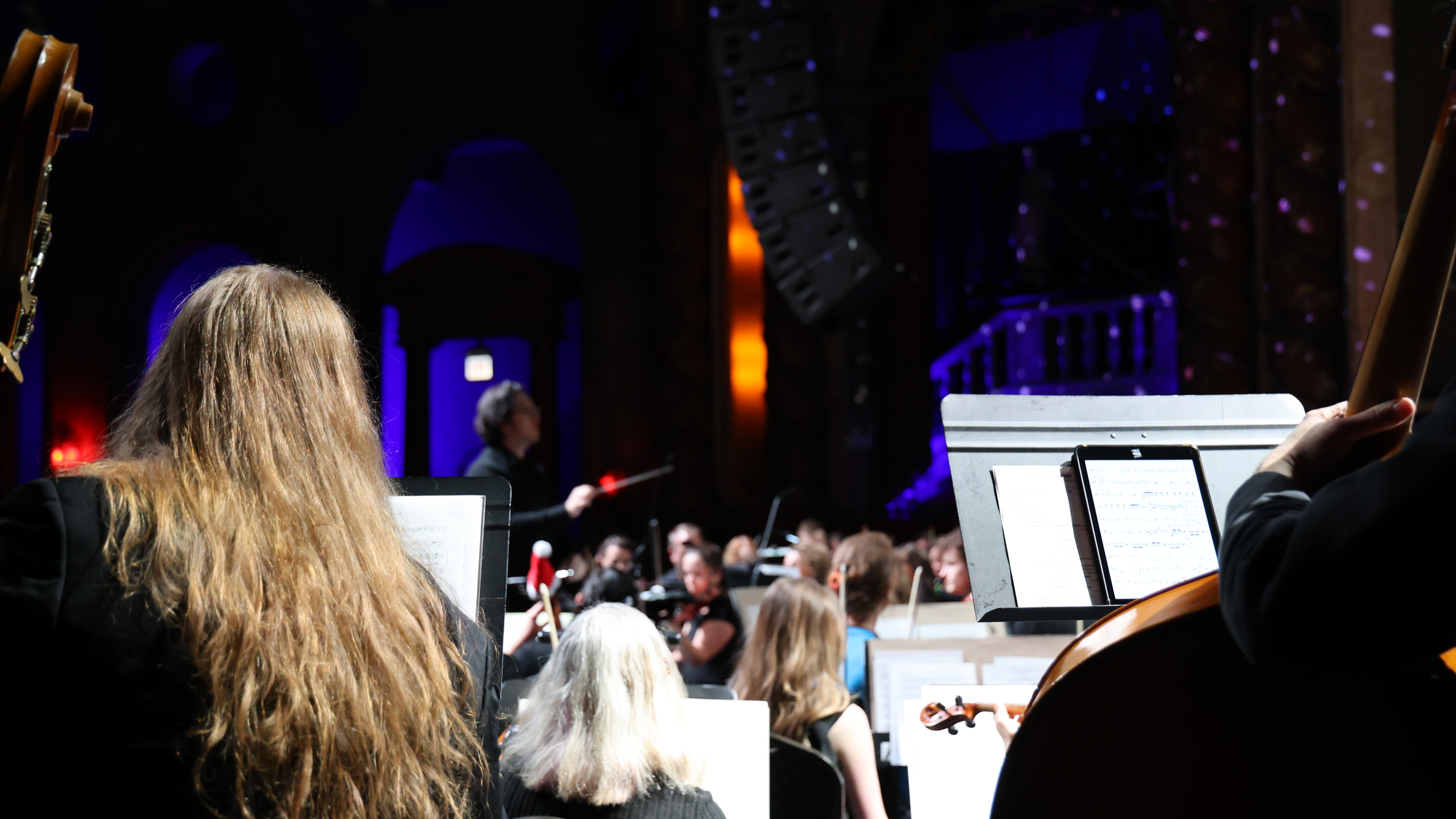 Orchestra seen from behind with conductor in distance.